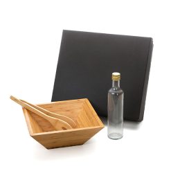 Kit Salada Com Garrafa - Bambu / Vidro 3 Pçs SMKT-90168