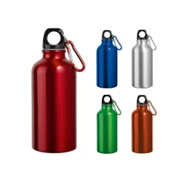 Garrafa Esportiva em Alumínio e Acabamento Metálico com Mosquetão 400 mL SP54601